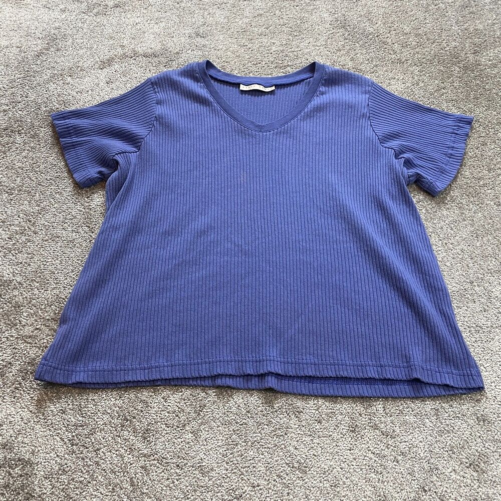 Kelly Renee Shirt Womens PLus 3X Short Sleeve Blue Ribbed Cotton Vintage V Neck